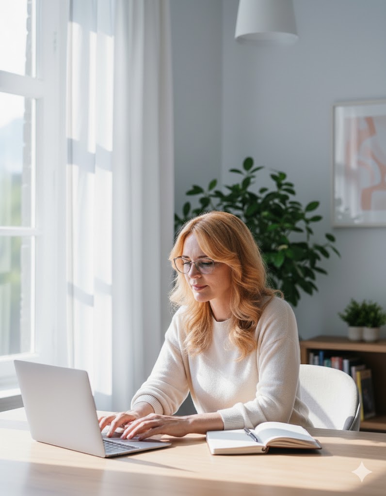 Kőműves Kata branddesigner ül a számítógépnél és dolgozik