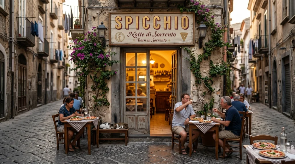 Esti hangulatkép a Spicchio pizzéria előtt, vendégek vacsoráznak egy szűk, macskaköves olasz utcában a kivilágított cégér alatt. Spicchio nápolyi pizza branding