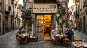 Esti hangulatkép a Spicchio pizzéria előtt, vendégek vacsoráznak egy szűk, macskaköves olasz utcában a kivilágított cégér alatt. Spicchio nápolyi pizza branding