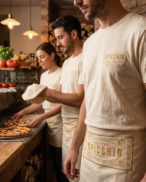 A Spicchio csapata egységes, márkázott pólóban és kötényben pizzatésztát készít egy modern látványkonyhában.