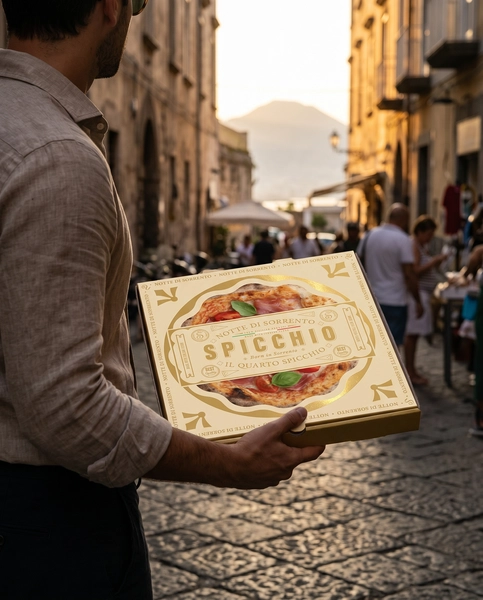 Stílusos férfi Spicchio pizzásdobozt visz egy patinás dél-olasz utcán, a háttérben a Vezúv körvonalaival.