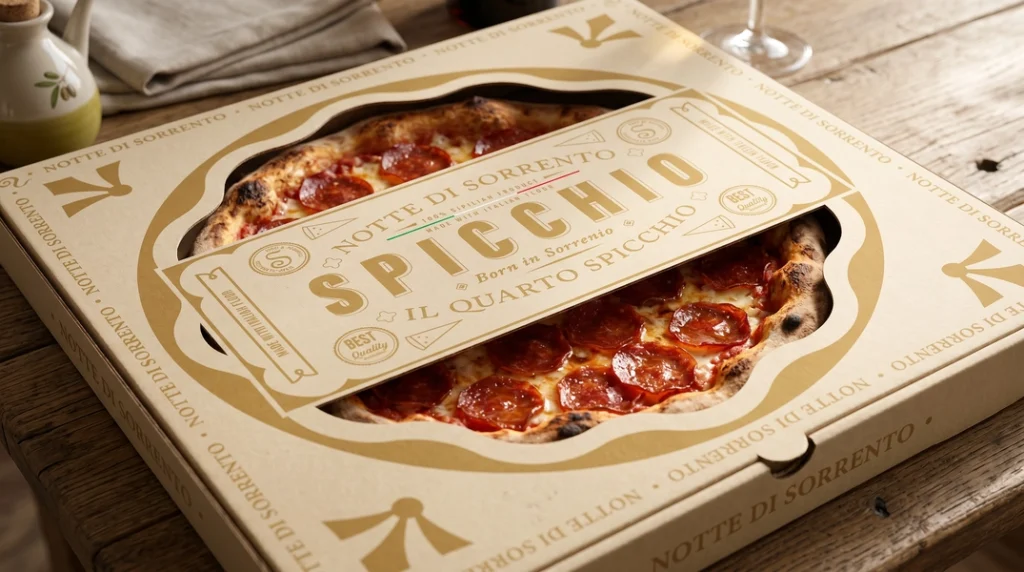 Prémium Spicchio pizzásdoboz kör alakú kivágással, amelyen keresztül látható a frissen sült pepperoni pizza.