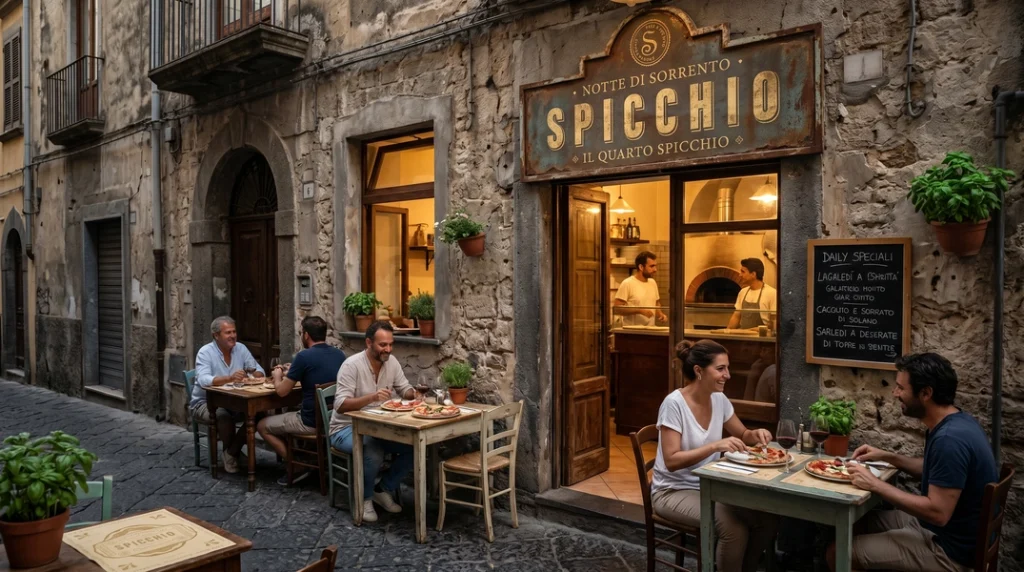 Esti hangulatkép a Spicchio pizzéria előtt, vendégek vacsoráznak egy szűk, macskaköves olasz utcában a kivilágított cégér alatt.