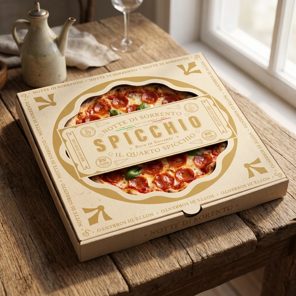 Közelkép egy szelet nápolyi pizzáról Spicchio márkajelzésű prémium papírba csomagolva, friss bazsalikommal és prosciuttóval.