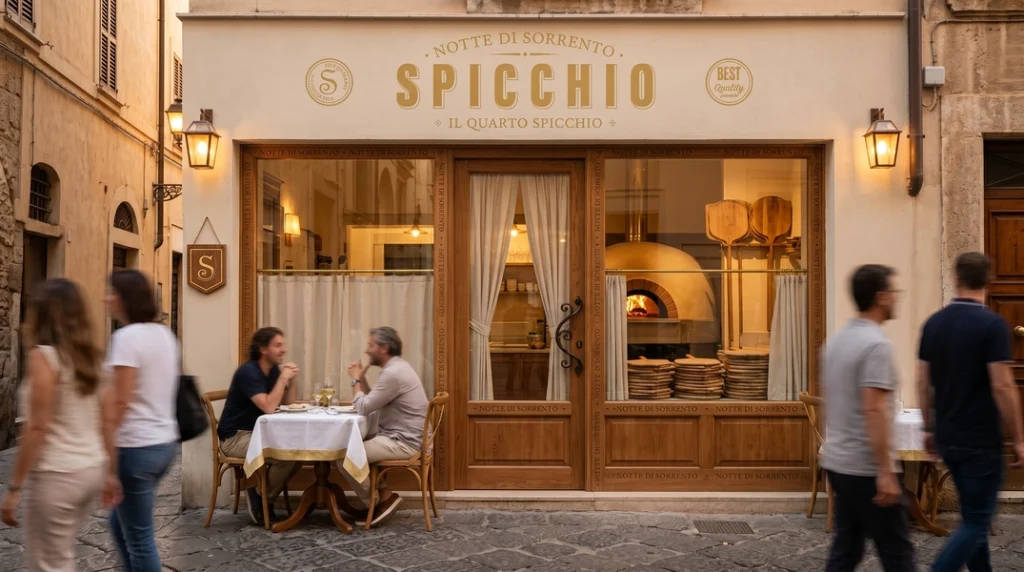 A Spicchio pizzéria modern, minimalista és elegáns bejárata napközben egy olasz kisváros épületei között