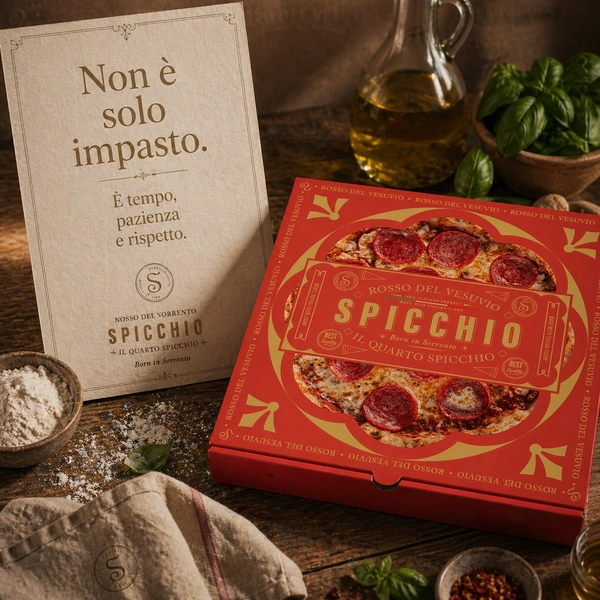 Prémium Spicchio pizzásdoboz kör alakú kivágással, amelyen keresztül látható a frissen sült pepperoni pizza.