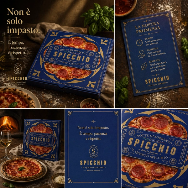 Prémium sötétkék és arany Spicchio arculati elemek, pizzásdoboz és menükártya elegáns megvilágításban.