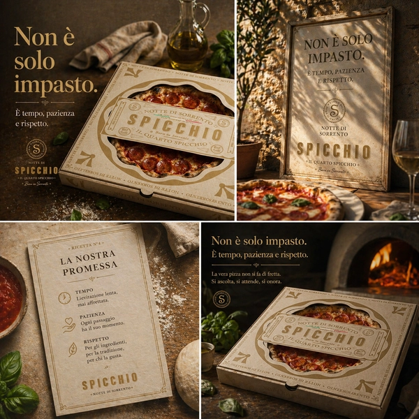 Spicchio márkaarculati elemek montázsa: bézs színű pizzásdoboz, olasz nyelvű ígéret-kártya és fatüzelésű kemence hangulatképekkel.