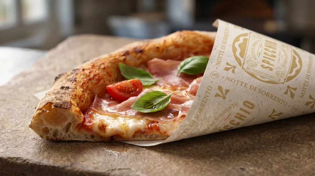 A részletek ereje: a ropogós tészta, a selymes prosciutto és a friss bazsalikom találkozása a Spicchio egyedi textúrájú csomagolásában.