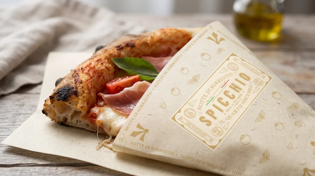 Közelkép egy szelet nápolyi pizzáról Spicchio márkajelzésű prémium papírba csomagolva, friss bazsalikommal és prosciuttóval.