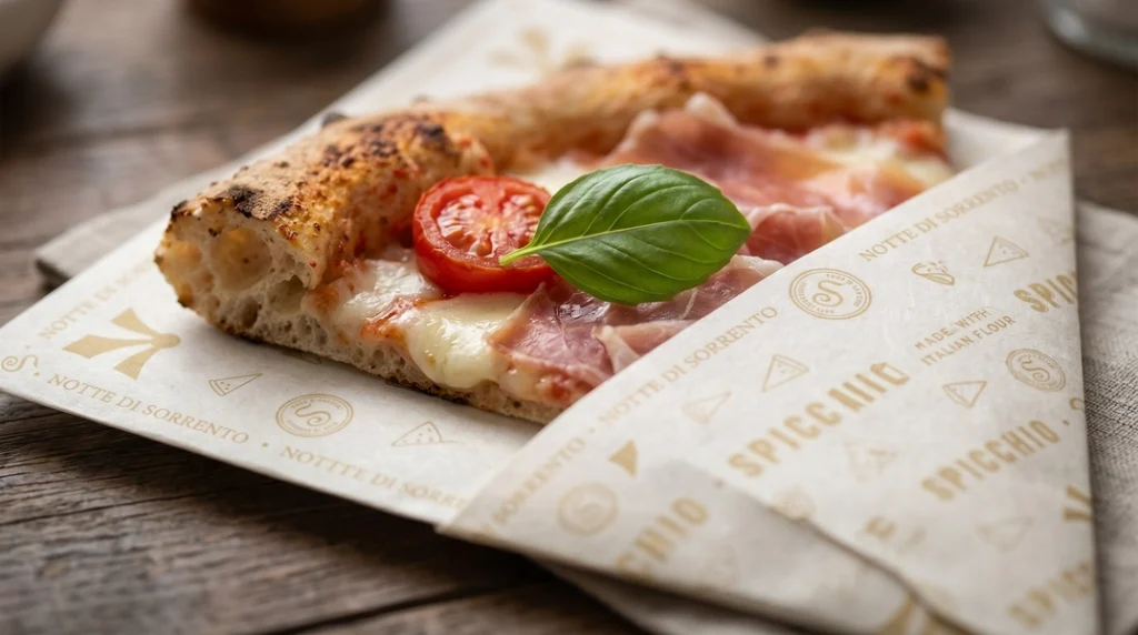 Közelkép egy szelet nápolyi pizzáról Spicchio márkajelzésű prémium papírba csomagolva, friss bazsalikommal és prosciuttóval.