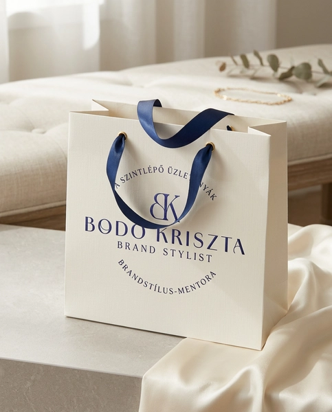 Bodó Kriszta logózott prémium ajándéktáska hideg tónusú virágos csomagolással.