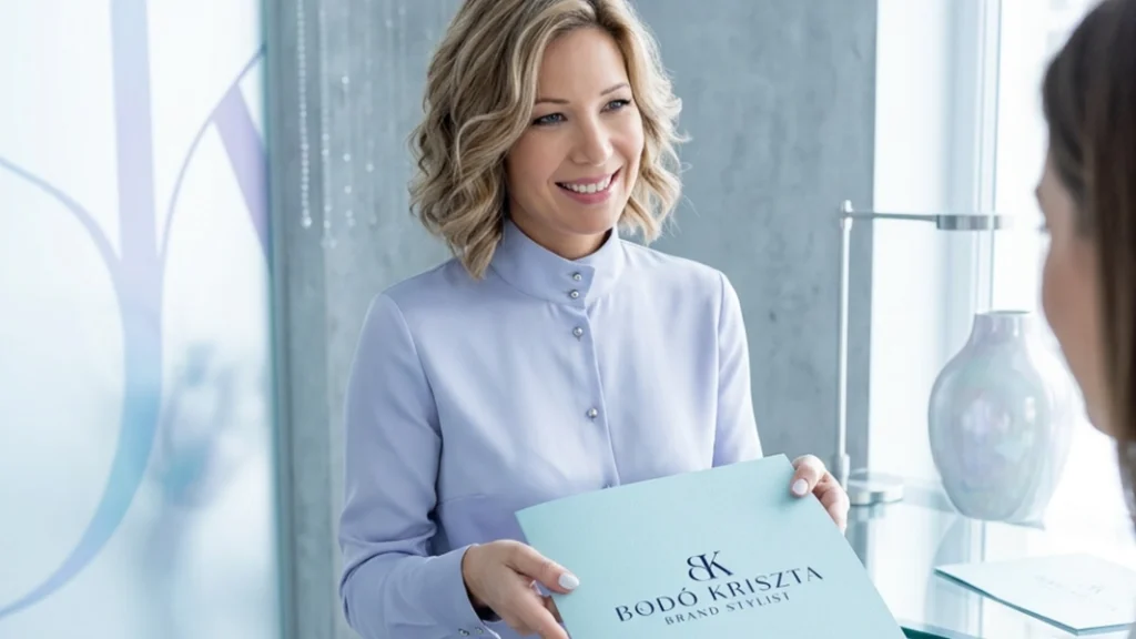 Bodó Kriszta brand experience jelenet prémium ügyfélcsomag átadásával.